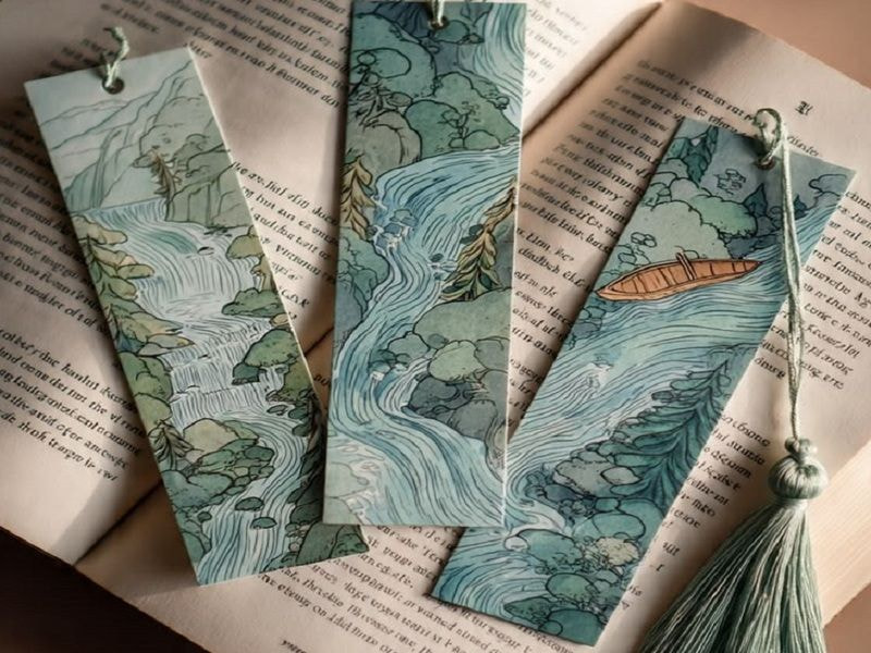 Bookmark dáng dài giấy Mỹ Thuật đục lỗ khuy kim loại xỏ tua rua