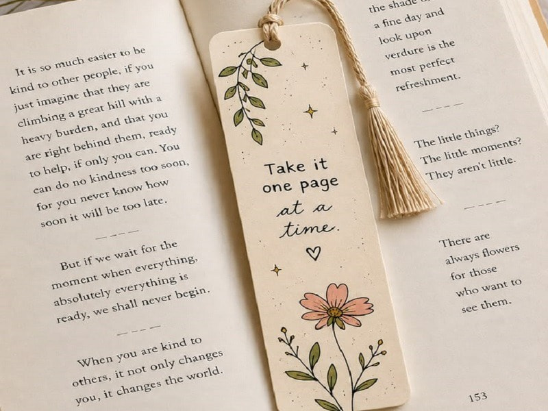 Bookmark kích thước 5x15cm cán mờ đục lỗ xỏ dây dù tết