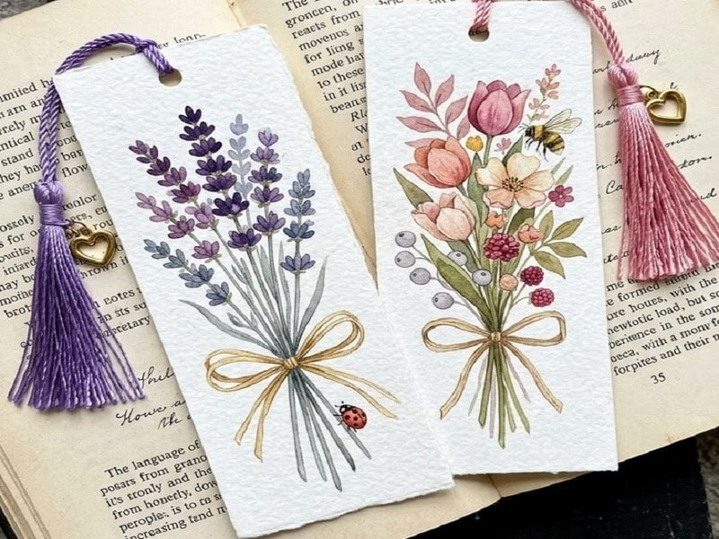 Bookmark quy cách bế xé viền gân thủ công gắn tua rua móc kim loại