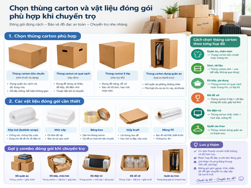 Chọn thùng carton và vật liệu đóng gói phù hợp khi chuyển trọ