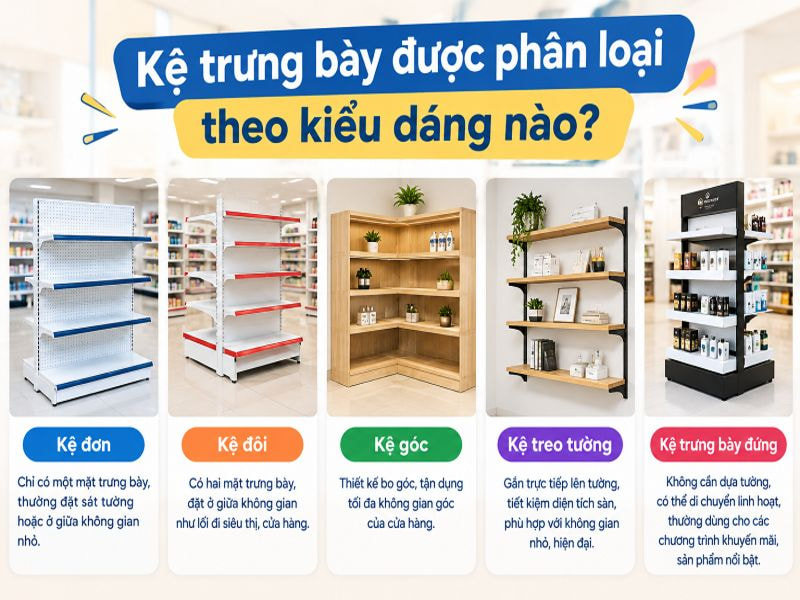 Kệ trưng bày được phân loại theo kiểu dáng nào?