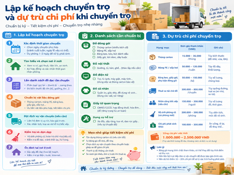 Lập kế hoạch chuyển trọ và dự trù chi phí khi chuyển trọ