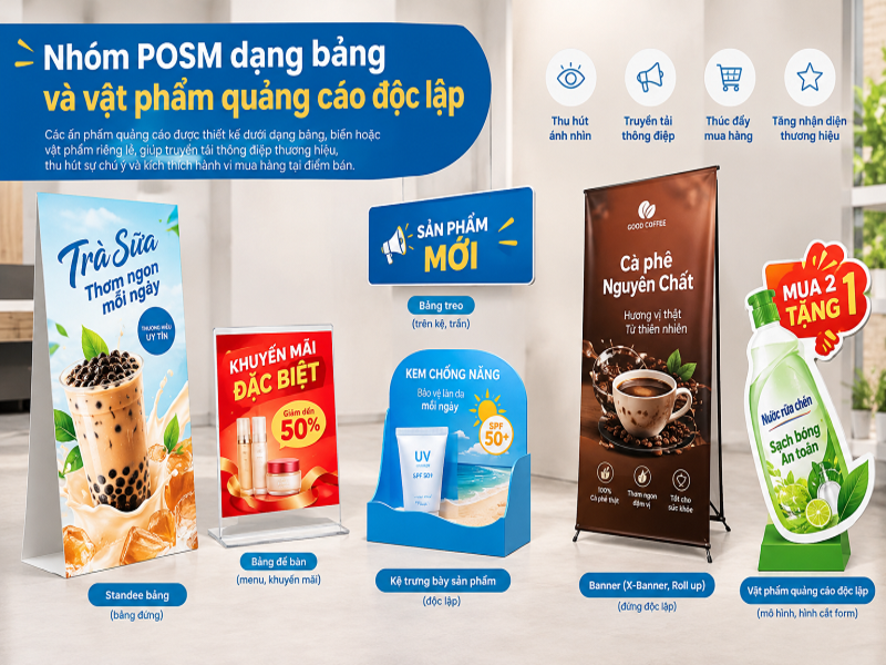 Nhóm POSM dạng bảng và vật phẩm quảng cáo độc lập